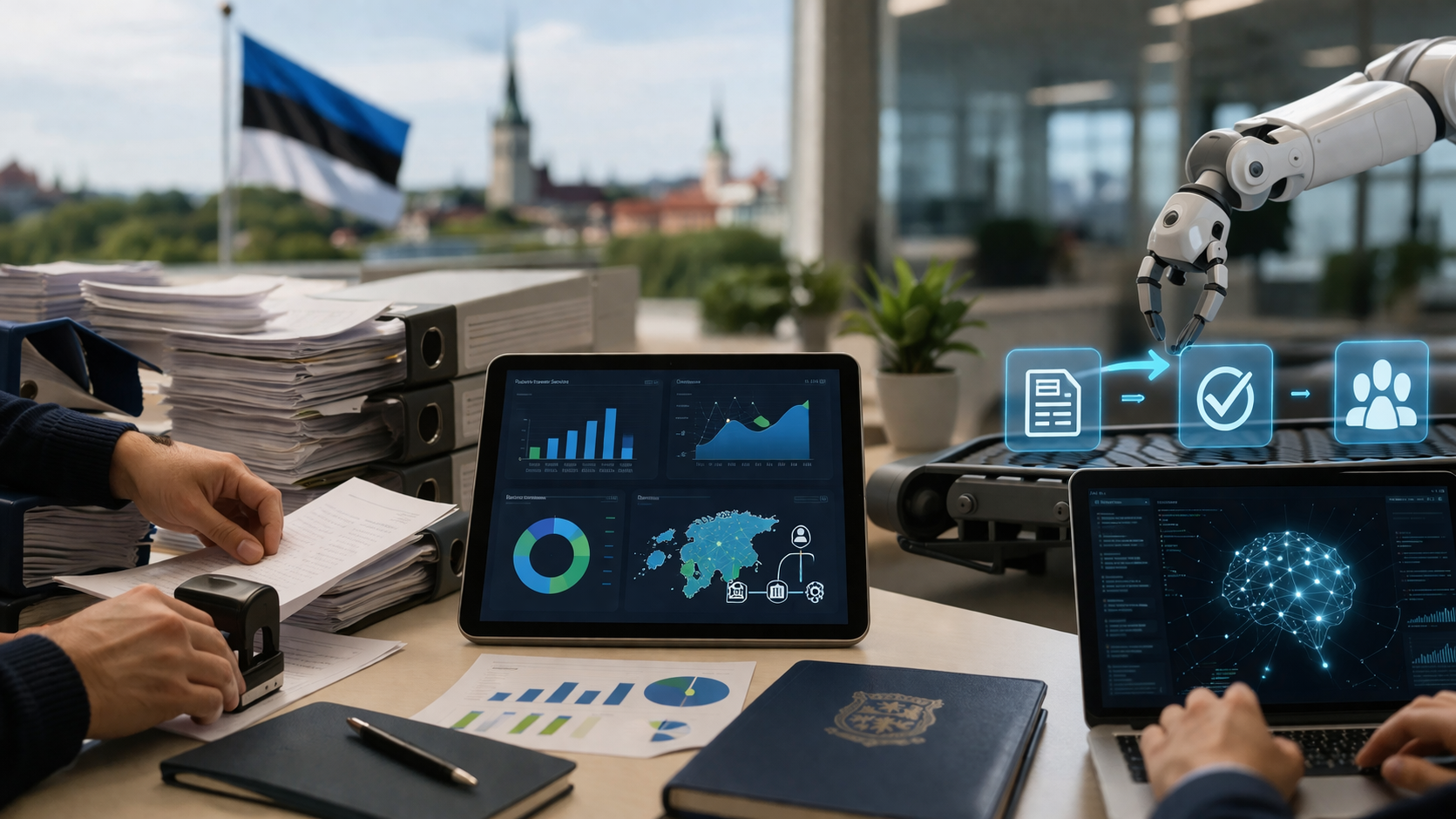 Representação de inteligência artificial aplicada ao setor público, com análise de dados, automação de processos e apoio à tomada de decisão em ambiente governamental digital.